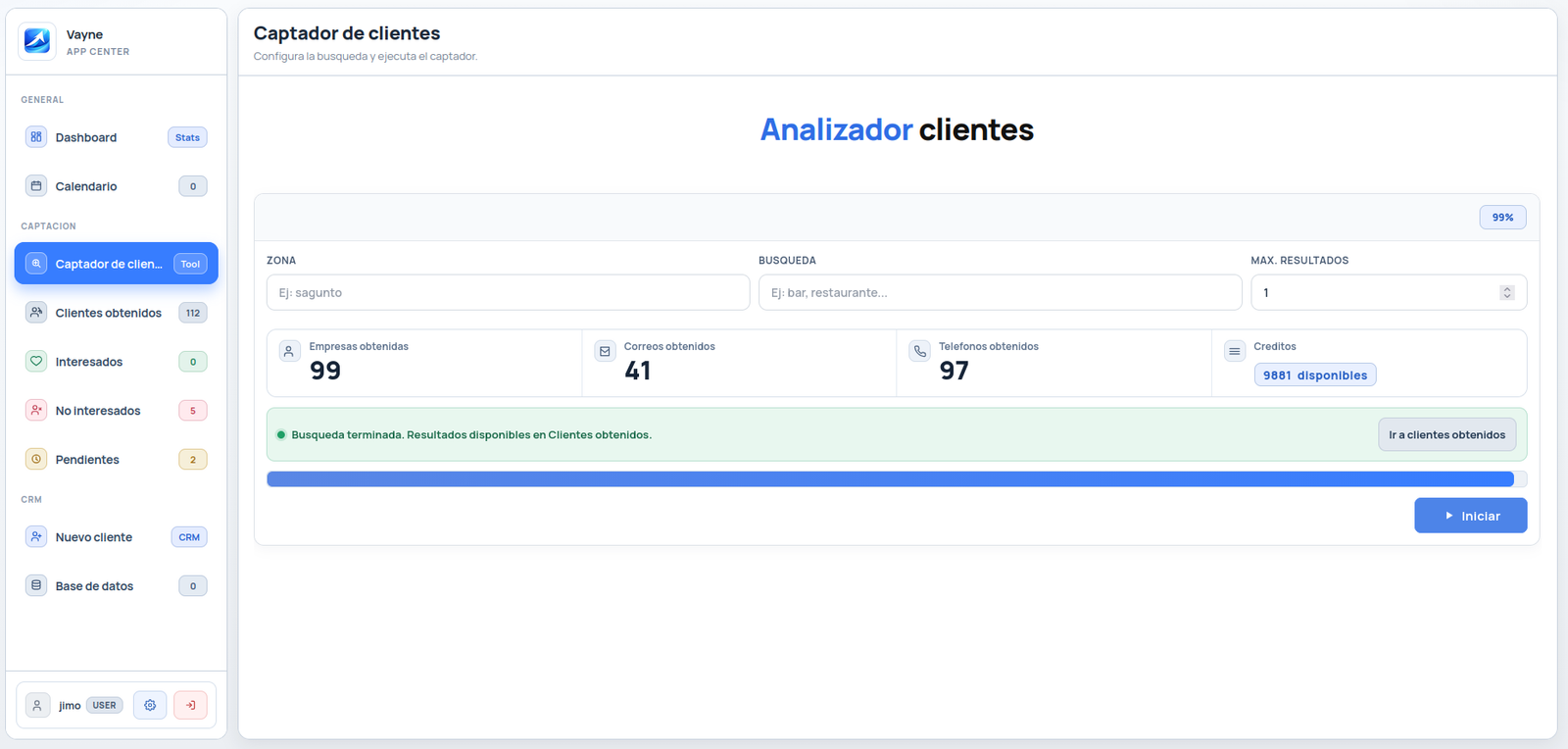 Dashboard de Vayne App Center con analizador y captador de clientes