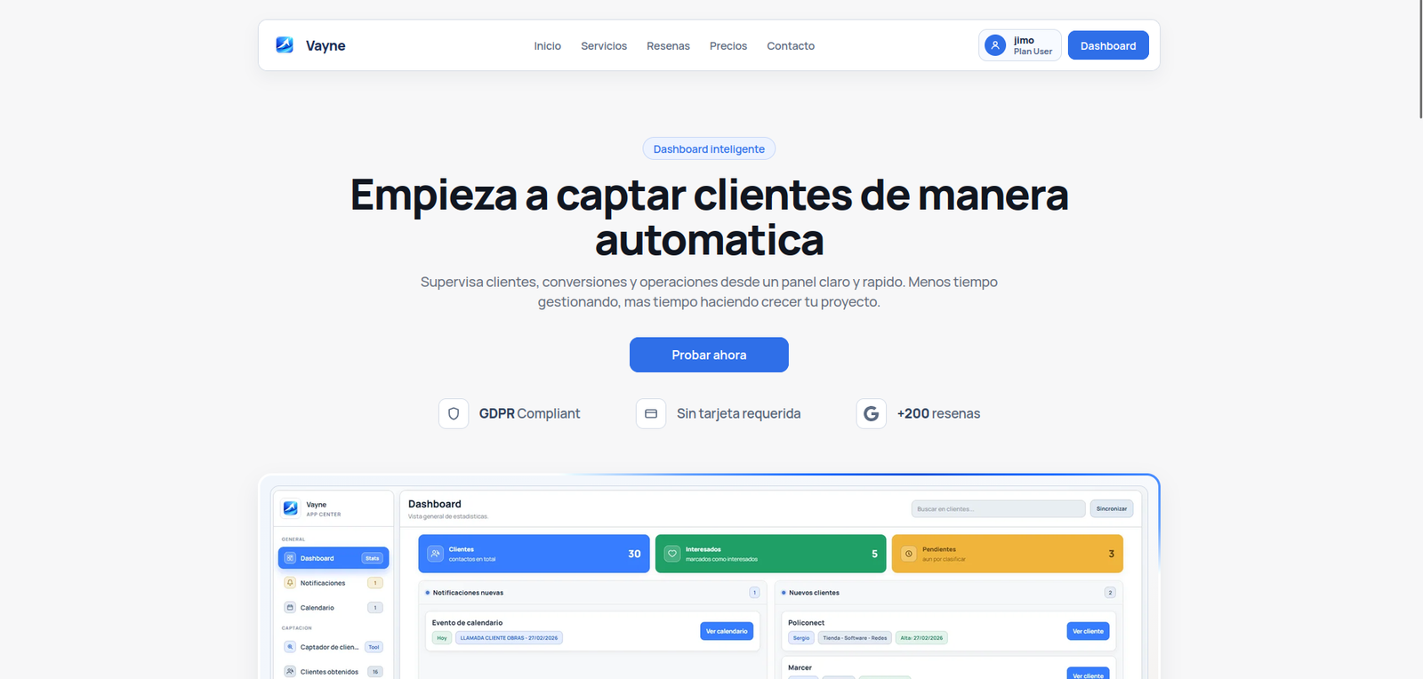 Landing page de Vayne App Center para la captación automática de clientes