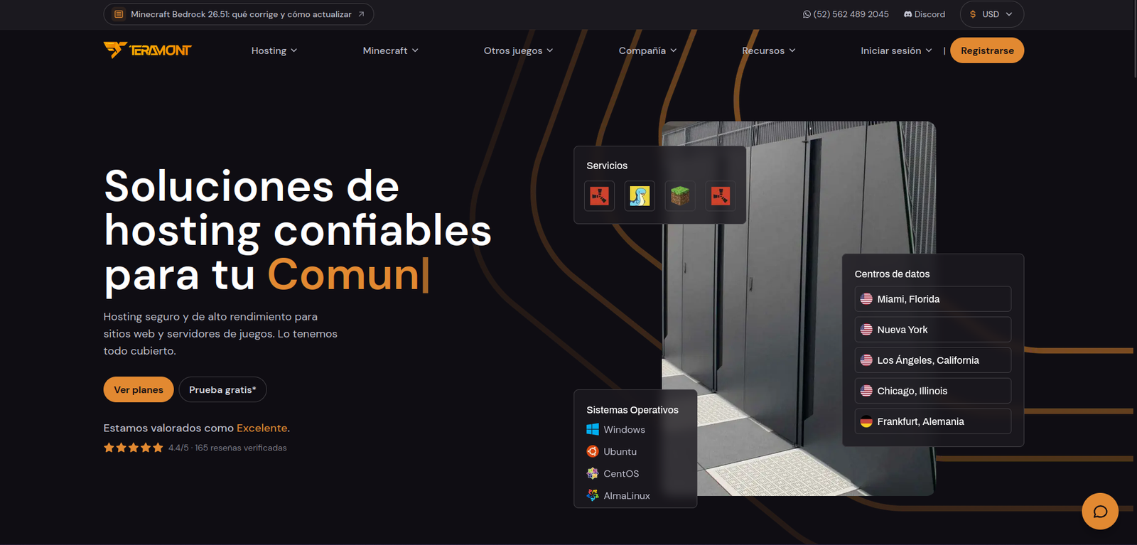 Web de Teramont para servicios de hosting y servidores de juegos