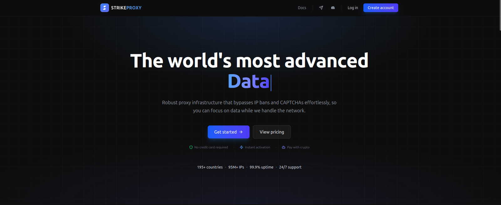 Landing page de StrikeProxy para una red internacional de proxies