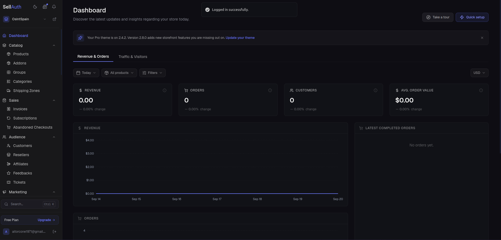 Dashboard de SellAuth para gestionar una tienda online